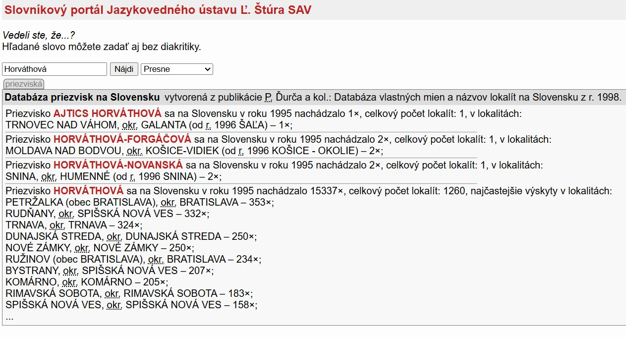 Príklad vyhľadávania údajov viažucich sa k priezvisku Horváthová.