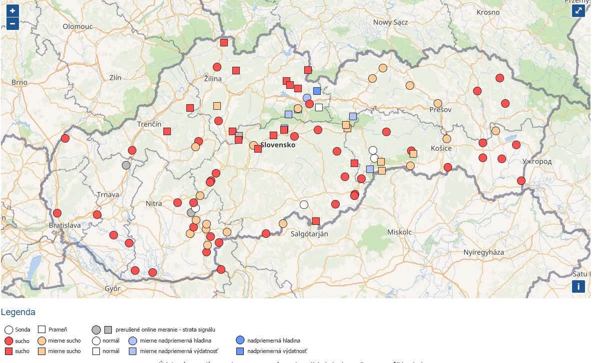 Operatívne údaje pozorovacích objektov podzemných vôd a hodnotenie výskytu sucha.