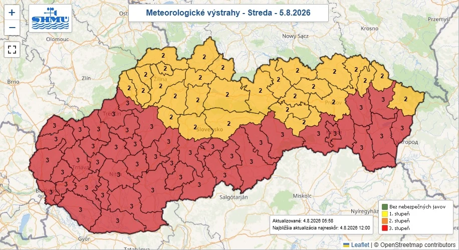 Mapa miest a výstrah, kde to bude v stredu 5. augusta najhoršie a kde naopak najlepšie.