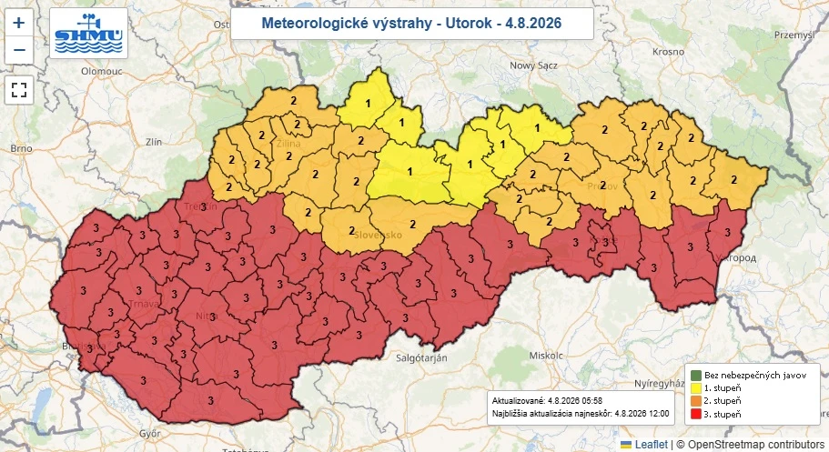 Mapa miest a výstrah, kde to bude dnes v utorok 4. augusta najhoršie a kde naopak najlepšie.