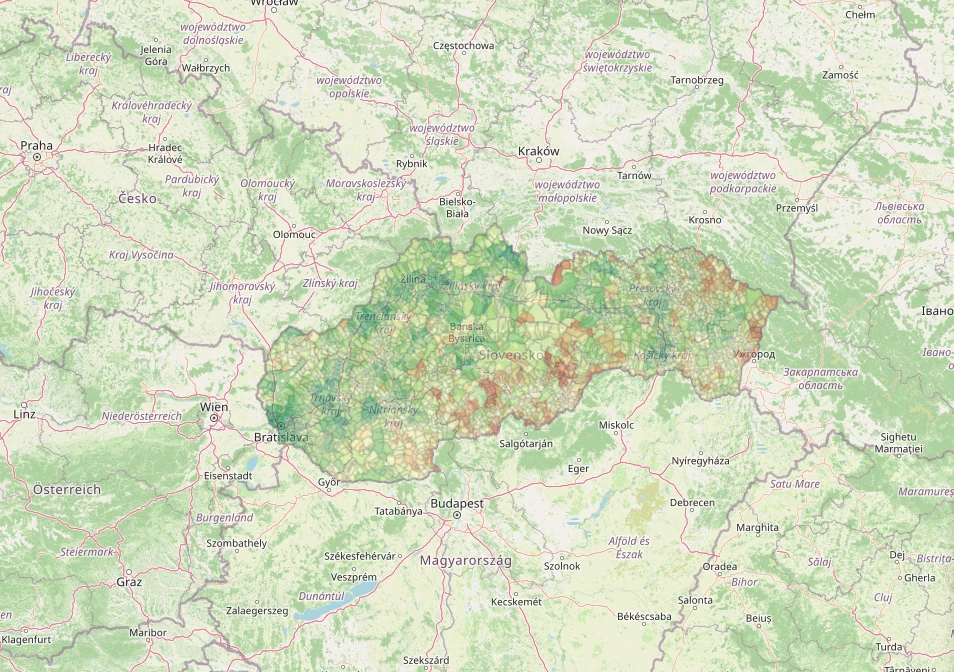 Mapa farebne zobrazuje kvalitu života v mestách a obciach na základe vybraných ukazovateľov. Zelená farba označuje najkvalitnejšie obce pre život s najvyšším počtom bodov.