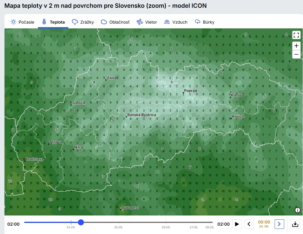Mapa teploty v 2 m nad povrchom pre Slovensko (zoom) - model ICON - štvrtok 24. september o 5:00 ráno.