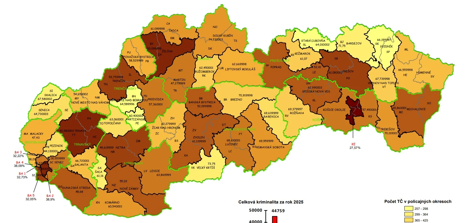 Mapa trestných činov v SR za rok 2025.
