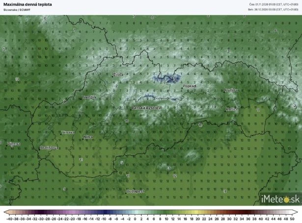 Mapa maximálnej dennej teploty pre Slovensko.