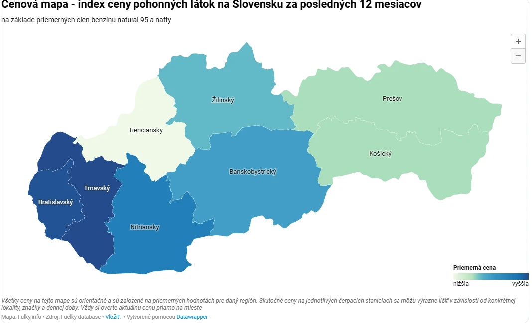 Cenová mapa - index ceny pohonných látok na Slovensku za posledných 12 mesiacov