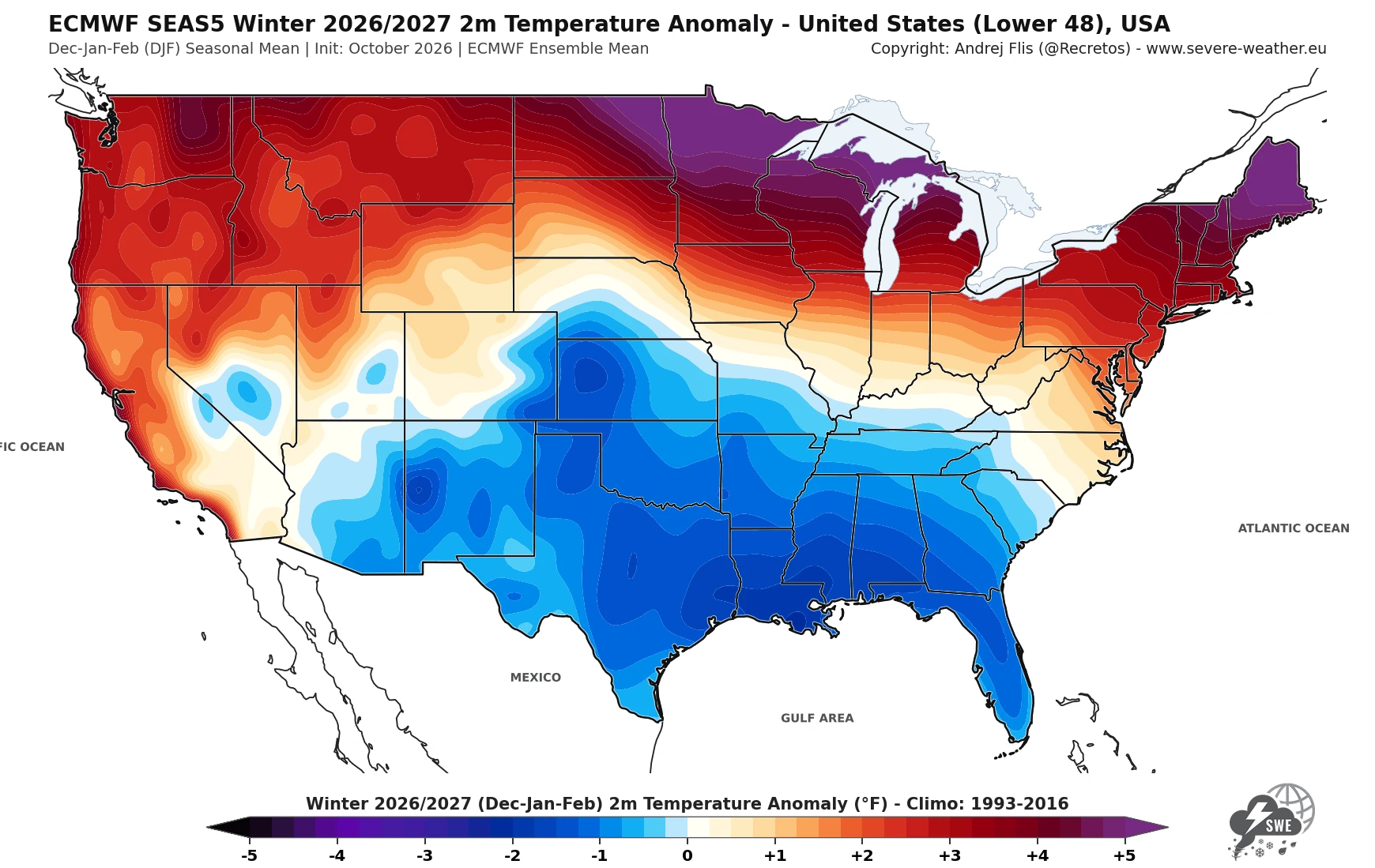Teplotná mapa USA – zima 2026/2027